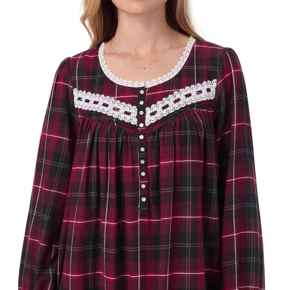 NWT Eileen West Nightgown Womens L Red Black Plaid Lace Trim Cotton Blend NWT L - Picture 11 of 12